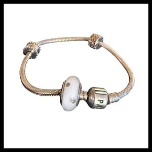 Pandora Sterling Silver Snake Chain Bracelet with White Murano Glass Charm